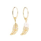 Leaf & Drop Hoops, Gold with White Pearls